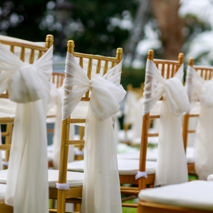 Party & EventGold wedding chairs with white linen bows tied to the back of them.