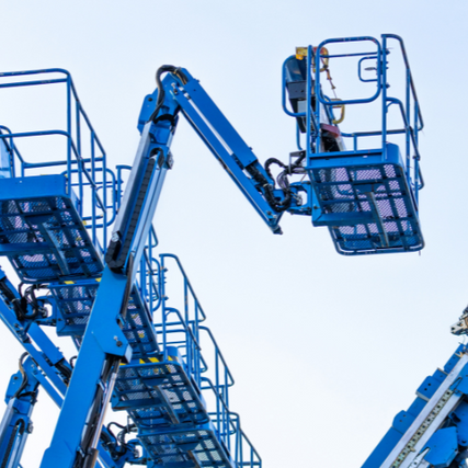 ContractorA line of blue boom lifts on a clear day.